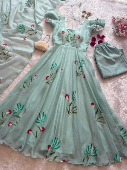 CELESTIAL MINT BLOOM HANDPAINTED ANARKALI SUIT SET