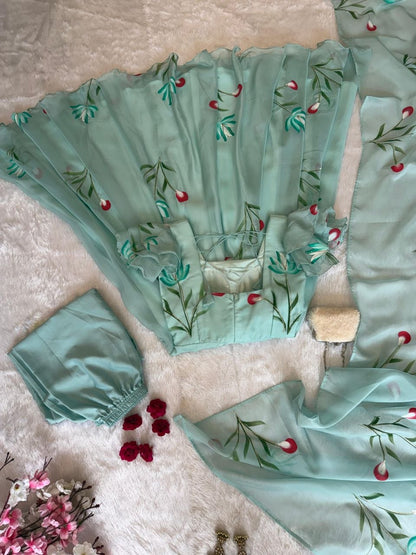 CELESTIAL MINT BLOOM HANDPAINTED ANARKALI SUIT SET