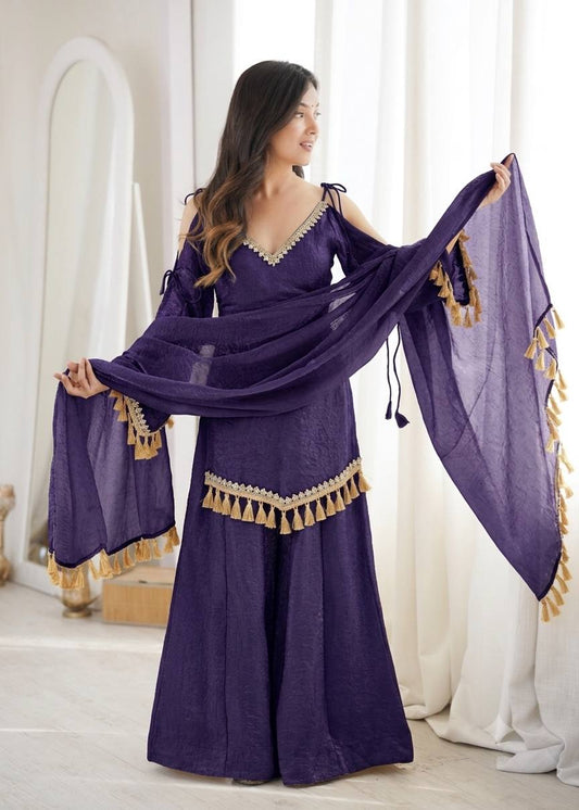 PURPLE DESIGNER KURTA PALAZZO SET WITH TASSEL DUPATTA
