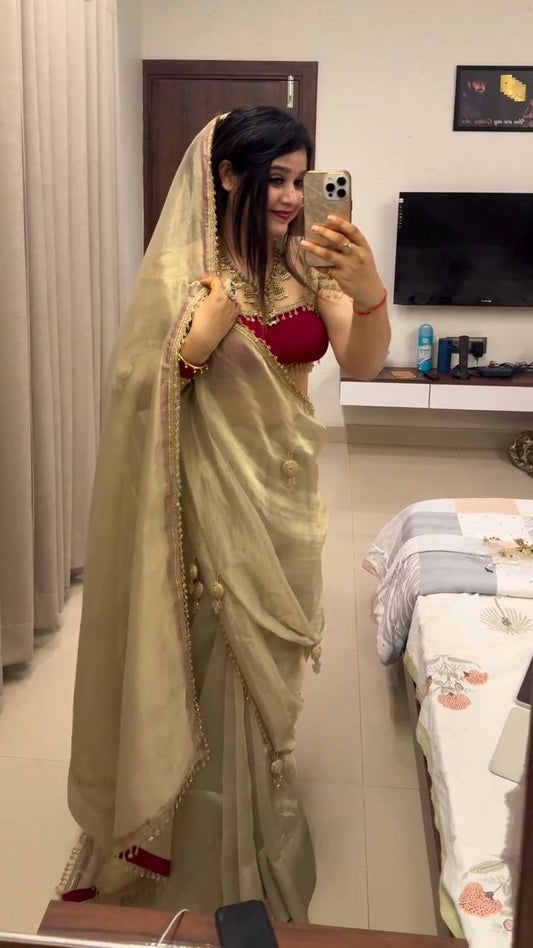 CHIKU COLOR SATIN SILK SAREE WITH DESIGNER LOOK LATKAN PALLU