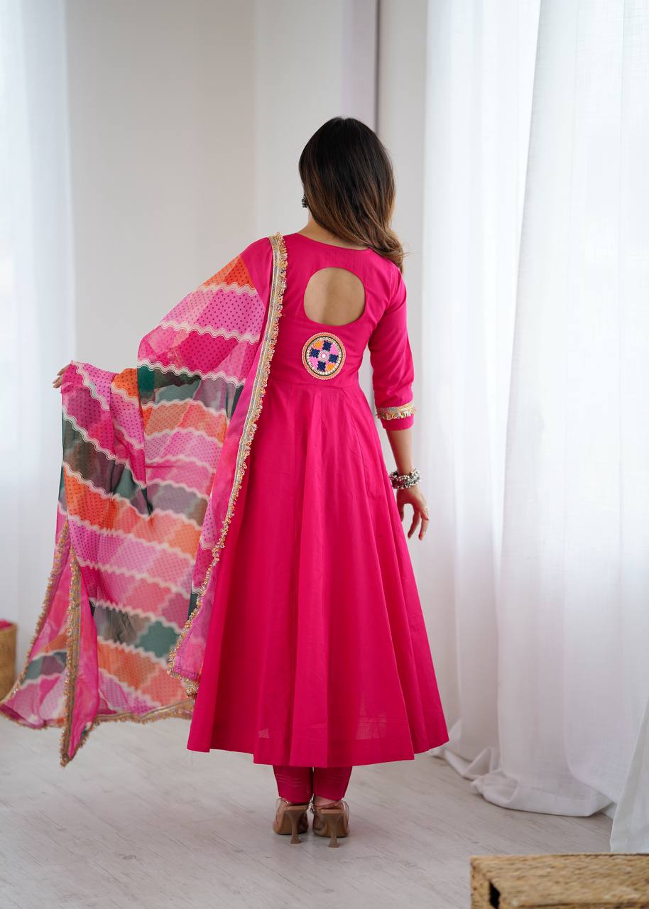 PINK COLOR NAVRATRI SPECIAL KHADI COTTON DESIGNER LOOK ANARKALI SET OF 3