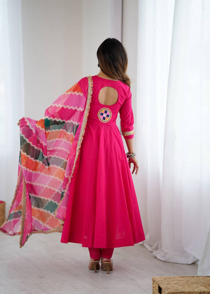 PINK COLOR NAVRATRI SPECIAL KHADI COTTON DESIGNER LOOK ANARKALI SET OF 3