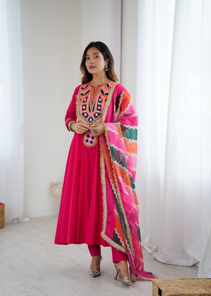 PINK COLOR NAVRATRI SPECIAL KHADI COTTON DESIGNER LOOK ANARKALI SET OF 3