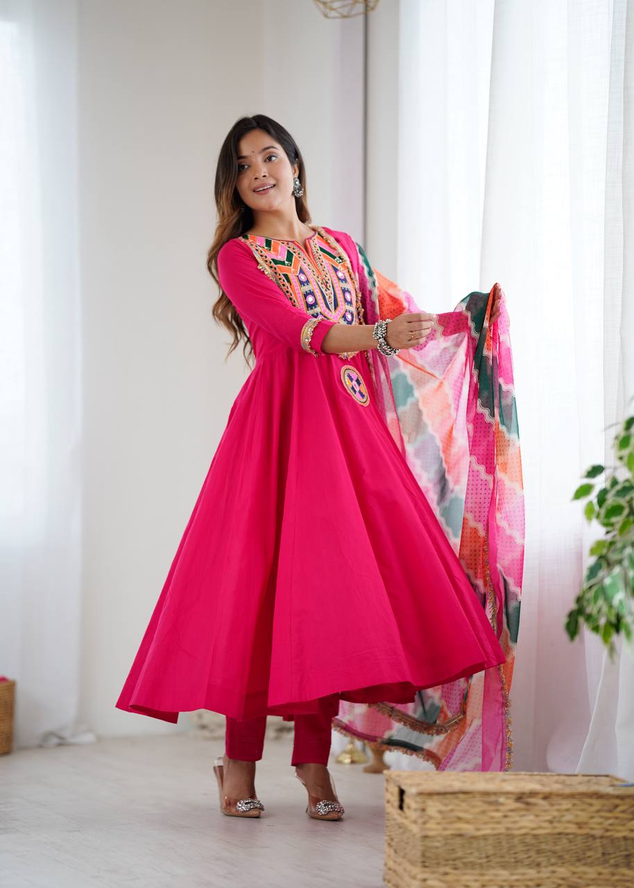 PINK COLOR NAVRATRI SPECIAL KHADI COTTON DESIGNER LOOK ANARKALI SET OF 3