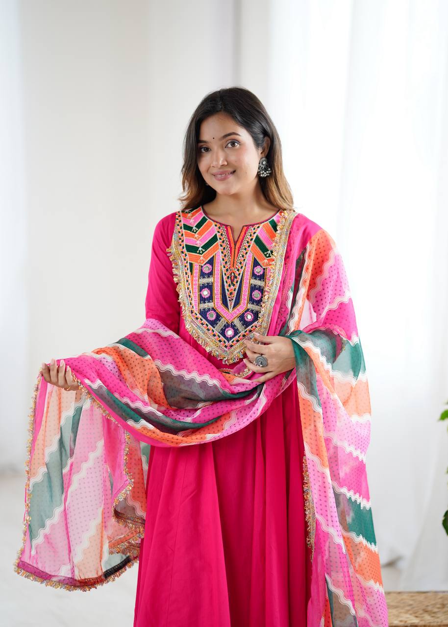 PINK COLOR NAVRATRI SPECIAL KHADI COTTON DESIGNER LOOK ANARKALI SET OF 3