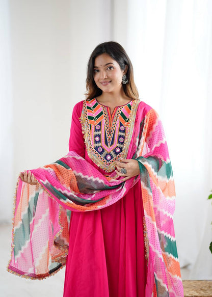 PINK COLOR NAVRATRI SPECIAL KHADI COTTON DESIGNER LOOK ANARKALI SET OF 3