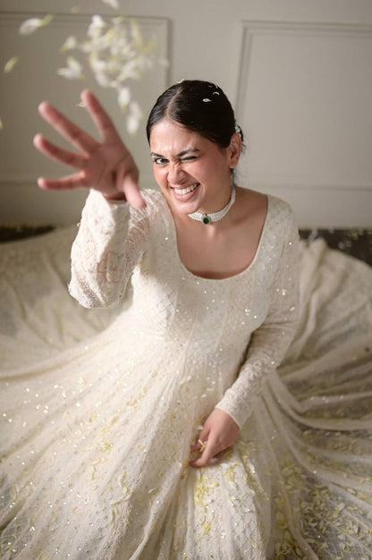 OFF WHITE LUCKNOWI SPECIAL READYMADE ANARKALI SUIT SET