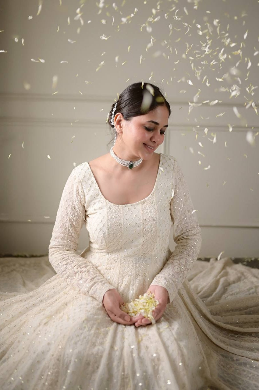 OFF WHITE LUCKNOWI SPECIAL READYMADE ANARKALI SUIT SET