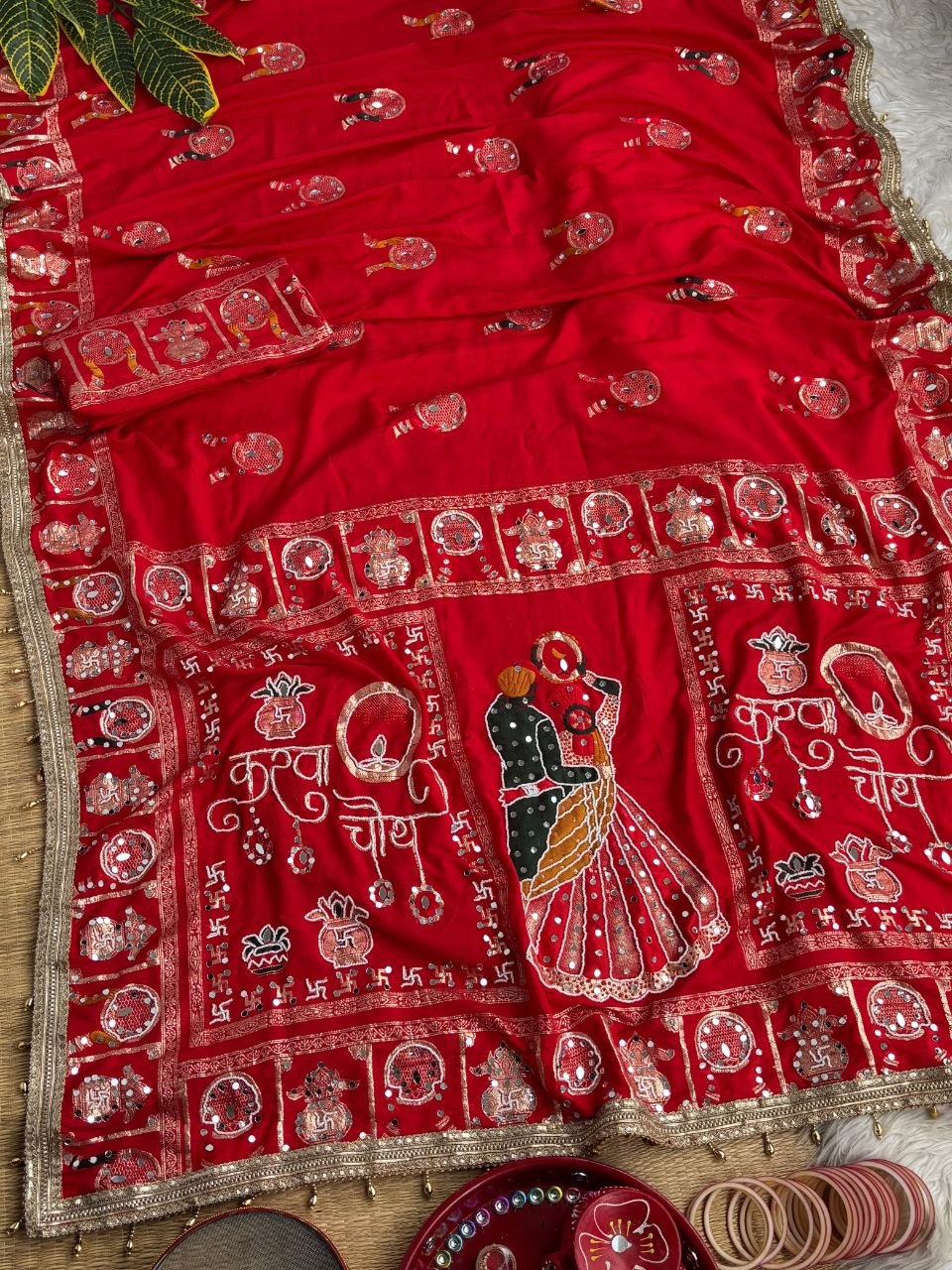 KARVA CHAUTH SPECIAL RED COLOR HANDWORK SAREE