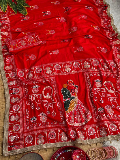 KARVA CHAUTH SPECIAL RED COLOR HANDWORK SAREE