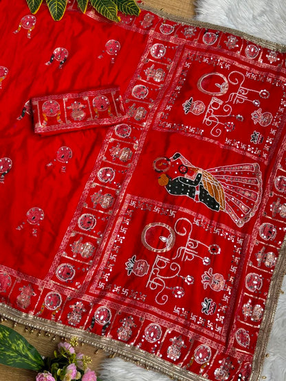 KARVA CHAUTH SPECIAL RED COLOR HANDWORK SAREE