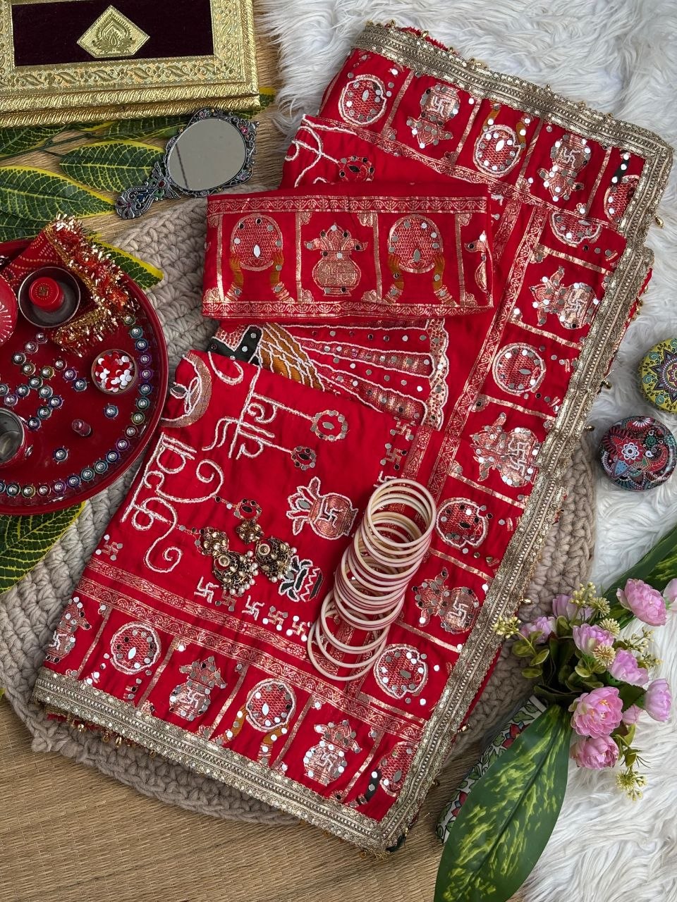 KARVA CHAUTH SPECIAL RED COLOR HANDWORK SAREE