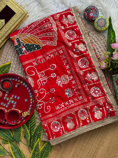 KARVA CHAUTH SPECIAL RED COLOR HANDWORK SAREE