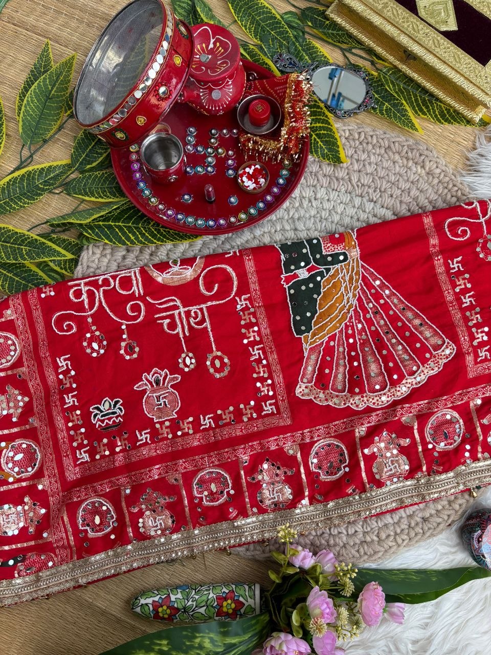 KARVA CHAUTH SPECIAL RED COLOR HANDWORK SAREE