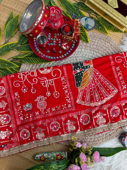 KARVA CHAUTH SPECIAL RED COLOR HANDWORK SAREE