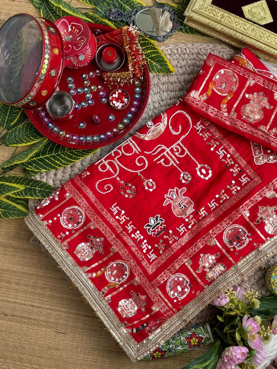 KARVA CHAUTH SPECIAL RED COLOR HANDWORK SAREE
