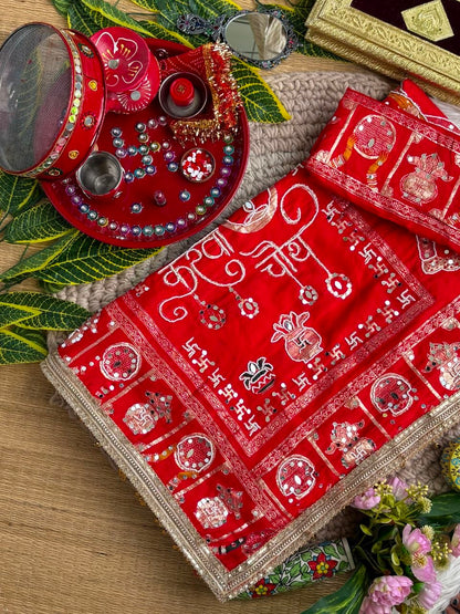 KARVA CHAUTH SPECIAL RED COLOR HANDWORK SAREE