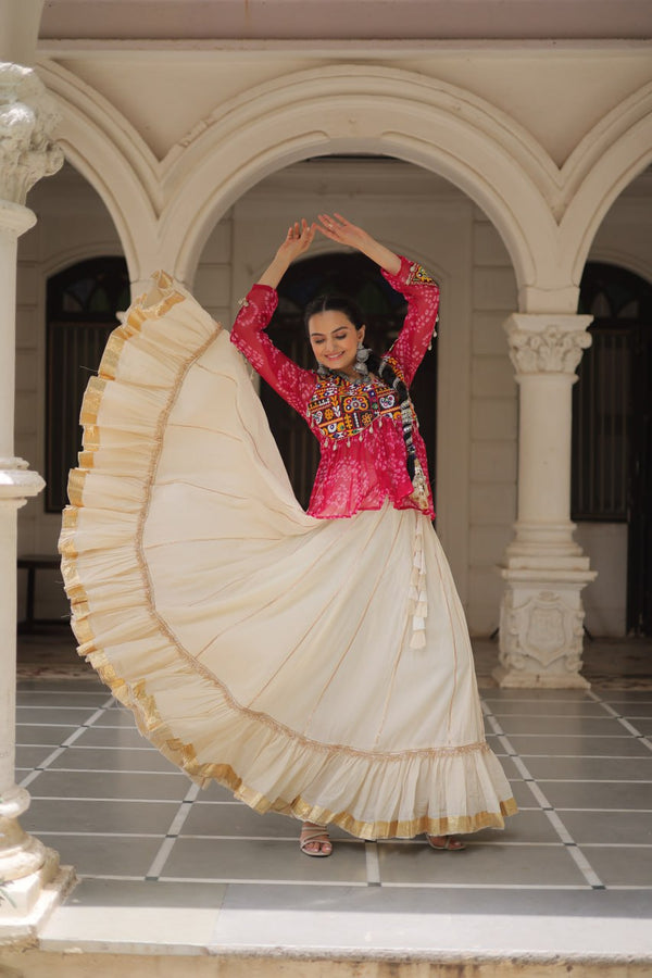 PINK COLOR NAVRATRI SPECIAL KORA COTTON BASE STYLISH TOP WITH LEHENGA