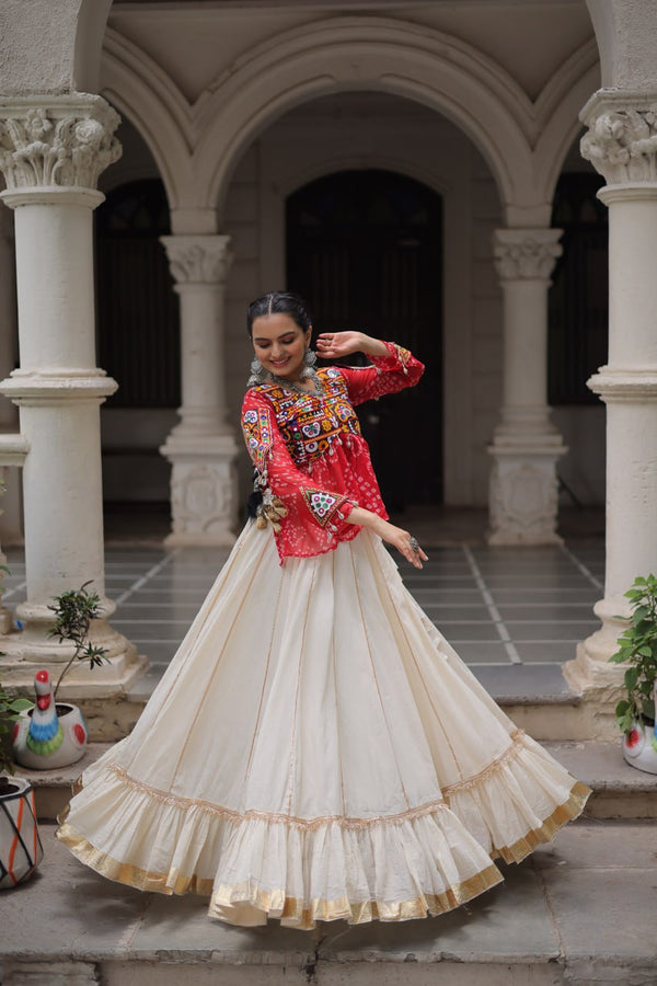 RED COLOR NAVRATRI SPECIAL KORA COTTON BASE STYLISH TOP WITH LEHENGA