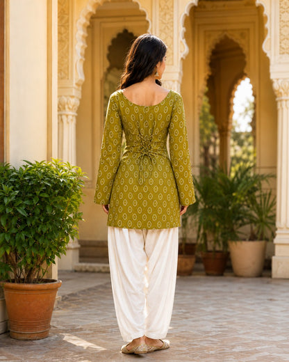 MEHENDI BANDHEJ STRAIGHT KURTI WITH FARSI SALWAR