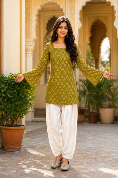 MEHENDI BANDHEJ STRAIGHT KURTI WITH FARSI SALWAR