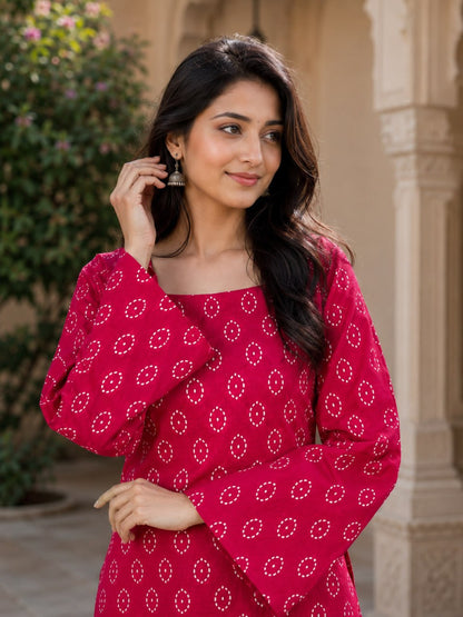 PINK BANDHEJ STRAIGHT KURTI WITH FARSI SALWAR