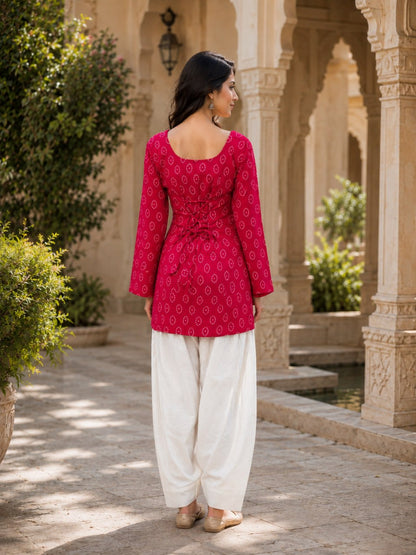 PINK BANDHEJ STRAIGHT KURTI WITH FARSI SALWAR
