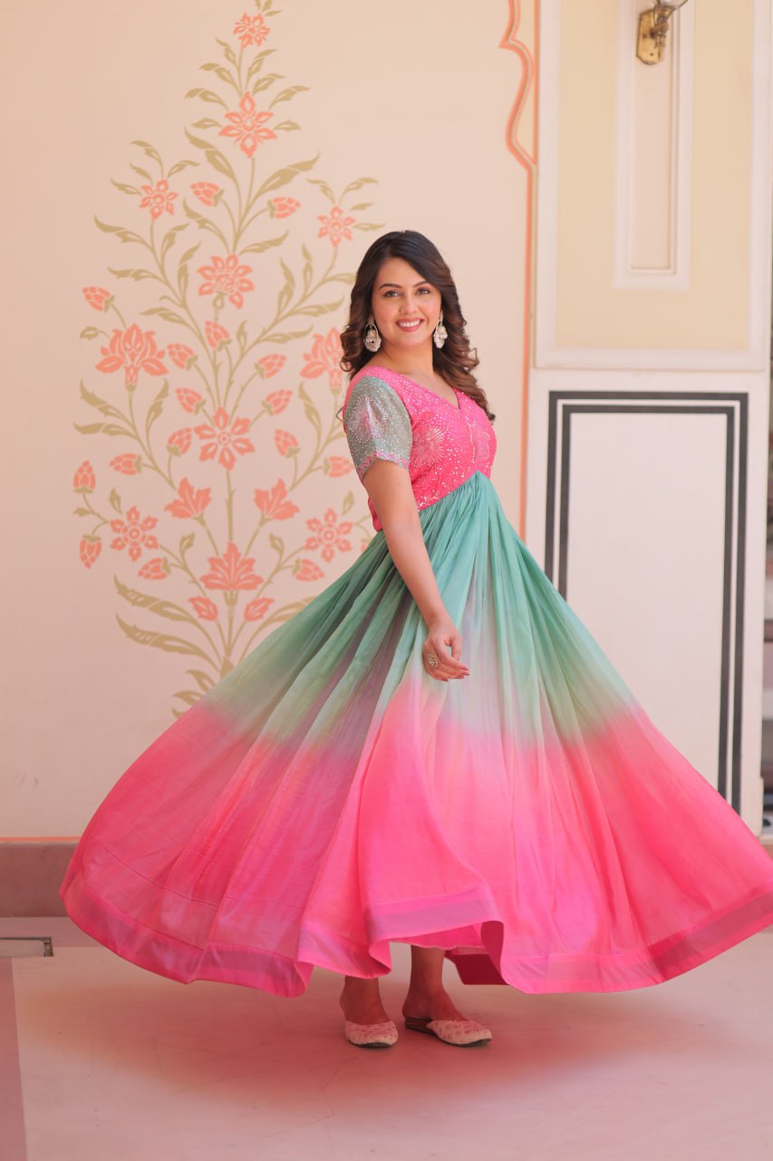 PINK COLOR GOLD CRUSH EMBROIDERED WORK GOWN