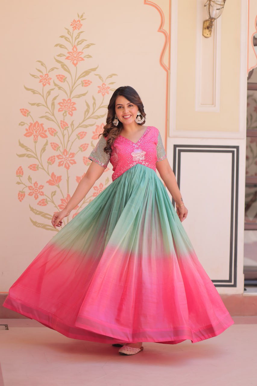 PINK COLOR GOLD CRUSH EMBROIDERED WORK GOWN