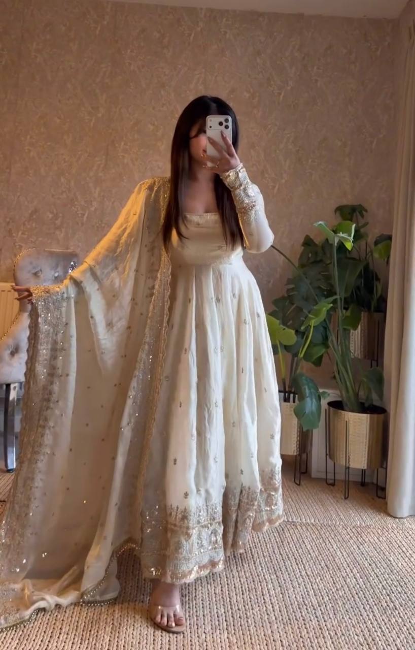 OFF WHITE COLOR DESIGNER GOWN SET WITH DUPATTA & PANT