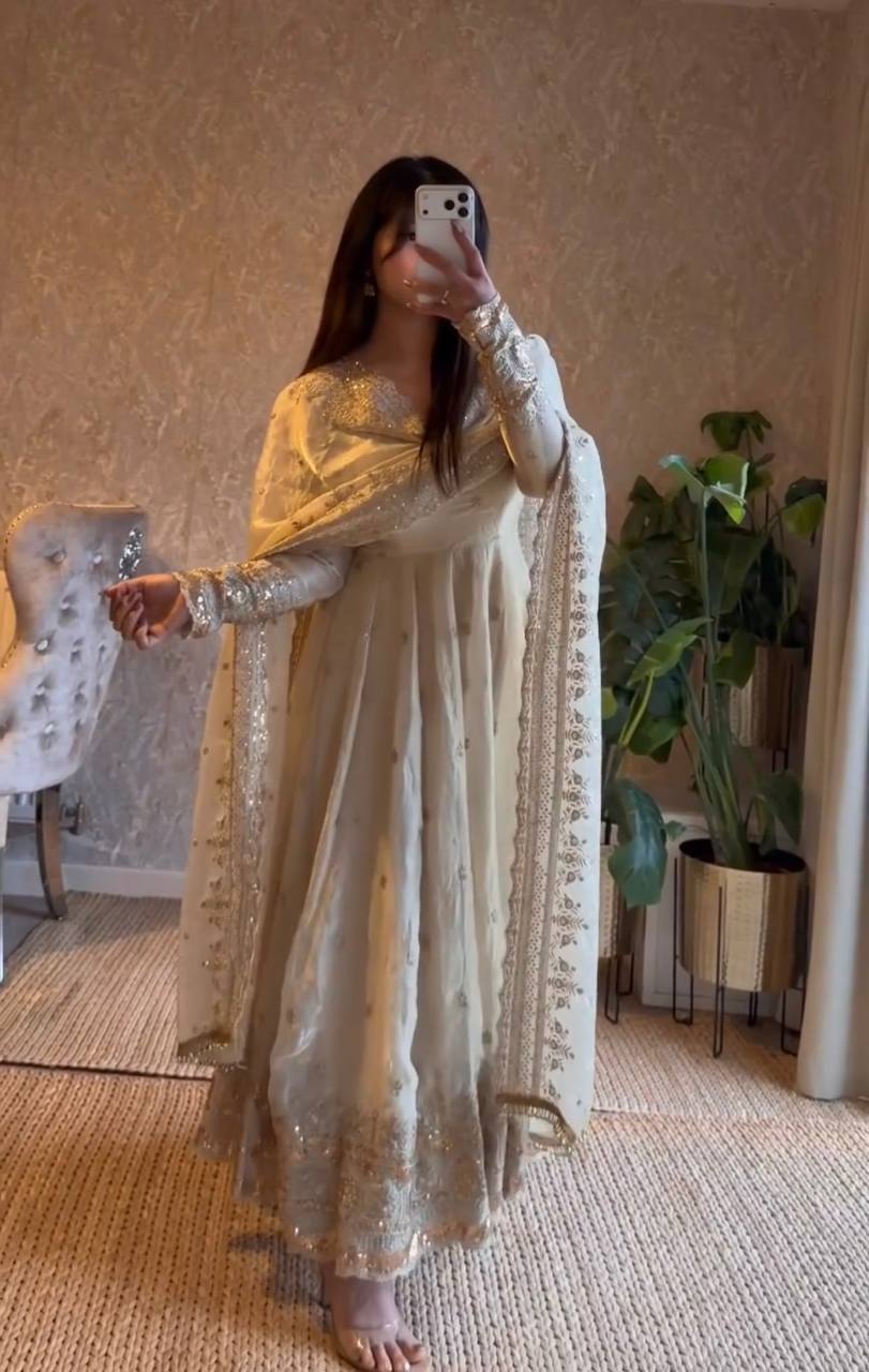 OFF WHITE COLOR DESIGNER GOWN SET WITH DUPATTA & PANT