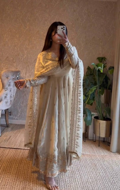 OFF WHITE COLOR DESIGNER GOWN SET WITH DUPATTA & PANT