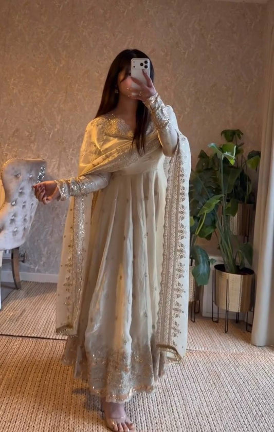 OFF WHITE COLOR DESIGNER GOWN SET WITH DUPATTA & PANT