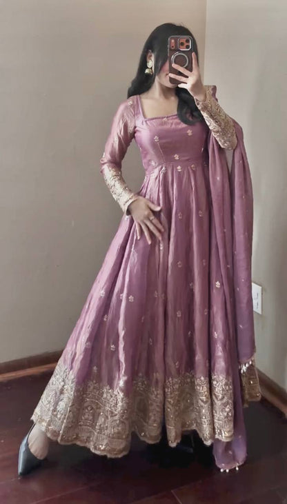 ONION PINK COLOR DESIGNER GOWN SET WITH DUPATTA & PANT