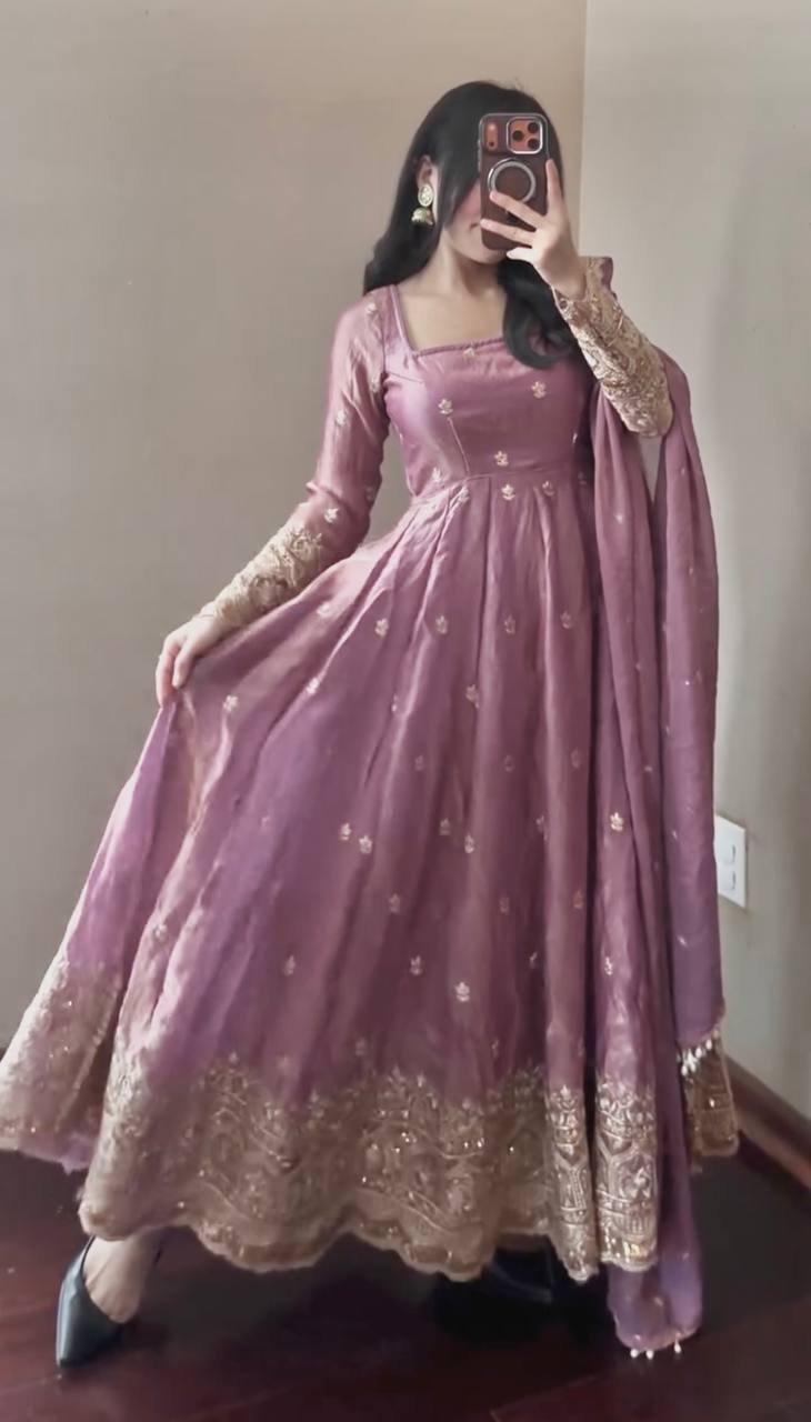 ONION PINK COLOR DESIGNER GOWN SET WITH DUPATTA & PANT
