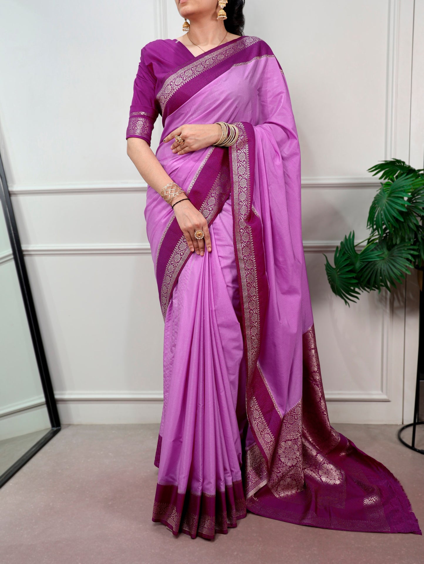 FESTIVE LAVENDER SILK SAREE WITH RICH MAGENTA ZARI BORDER