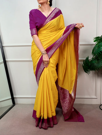 FESTIVE YELLOW SILK SAREE WITH RICH MAGENTA ZARI BORDER