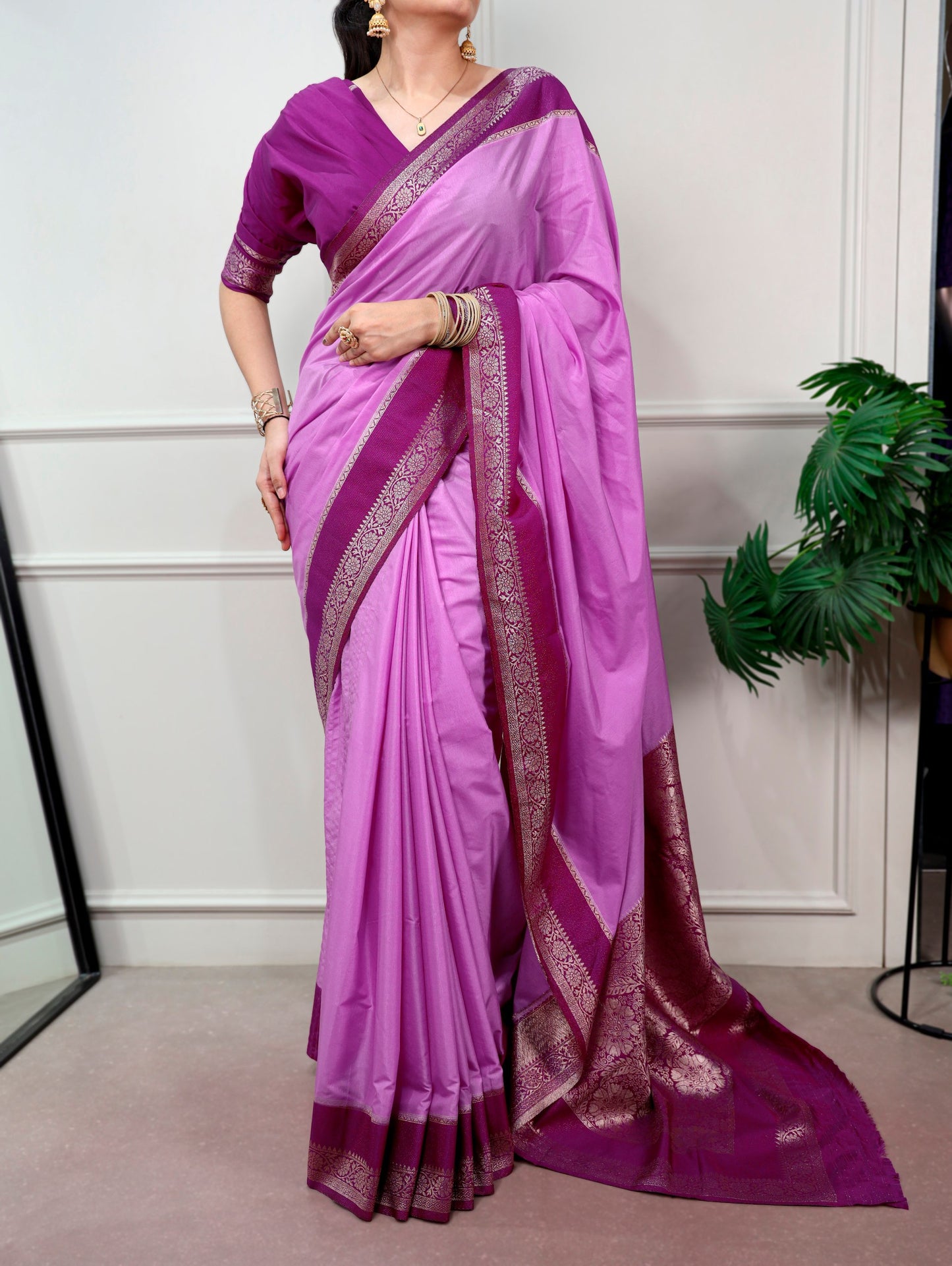 FESTIVE LAVENDER SILK SAREE WITH RICH MAGENTA ZARI BORDER