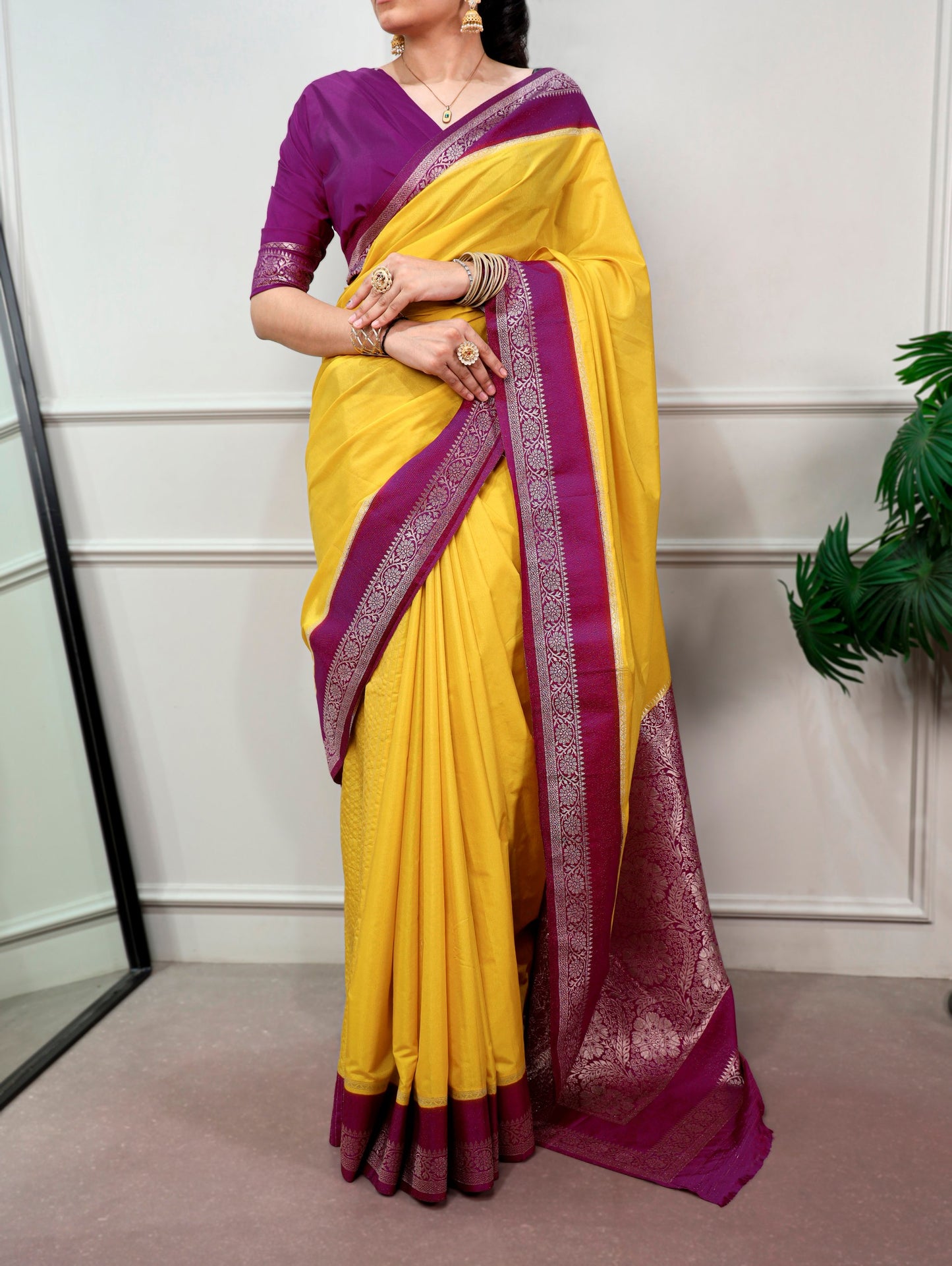 FESTIVE YELLOW SILK SAREE WITH RICH MAGENTA ZARI BORDER