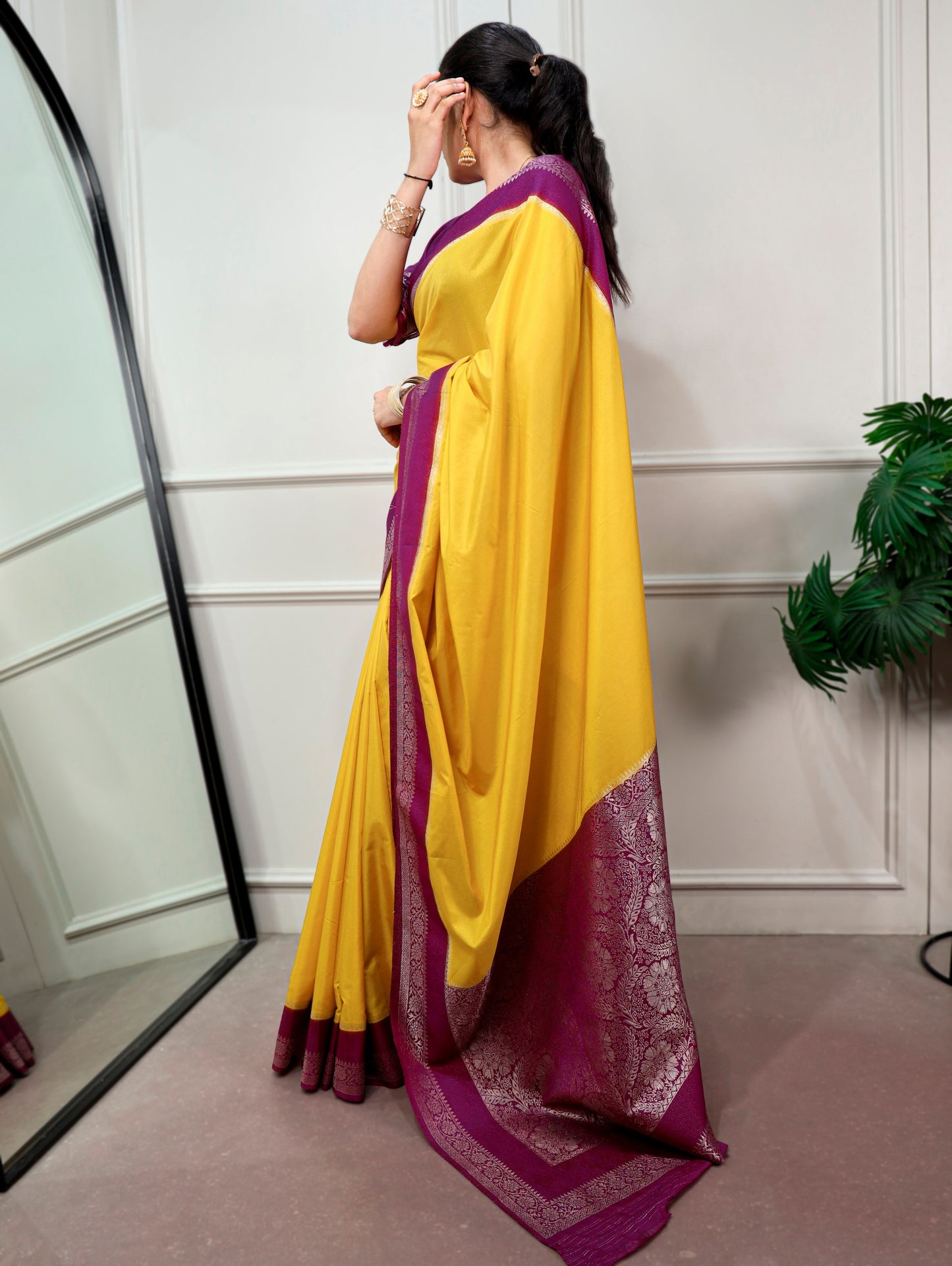 FESTIVE YELLOW SILK SAREE WITH RICH MAGENTA ZARI BORDER