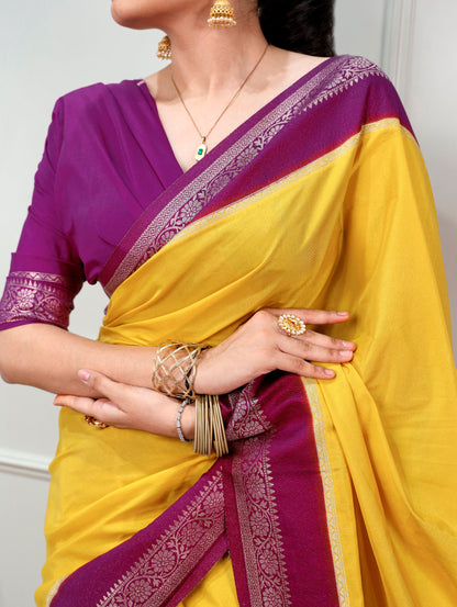 FESTIVE YELLOW SILK SAREE WITH RICH MAGENTA ZARI BORDER