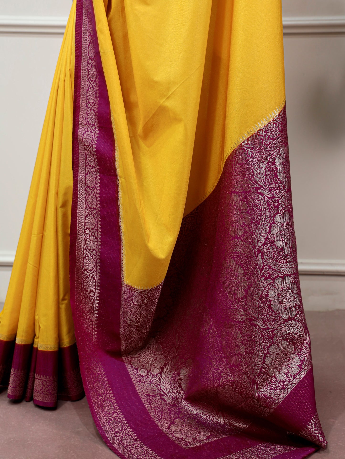 FESTIVE YELLOW SILK SAREE WITH RICH MAGENTA ZARI BORDER