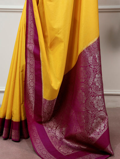 FESTIVE YELLOW SILK SAREE WITH RICH MAGENTA ZARI BORDER