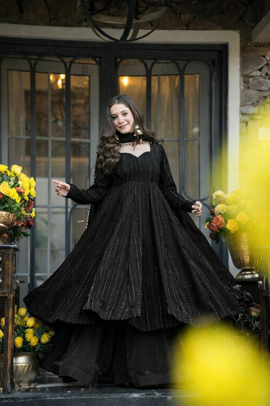 BLACK SHADES LUCKNOWI EMBROIDERED WORK ANARKALI SUIT SET