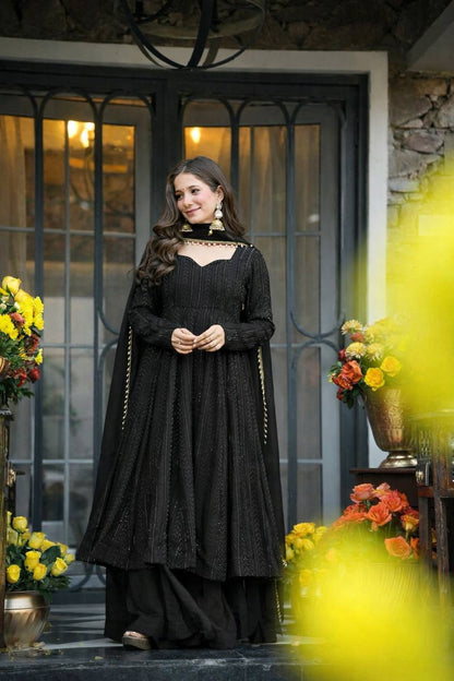 BLACK SHADES LUCKNOWI EMBROIDERED WORK ANARKALI SUIT SET