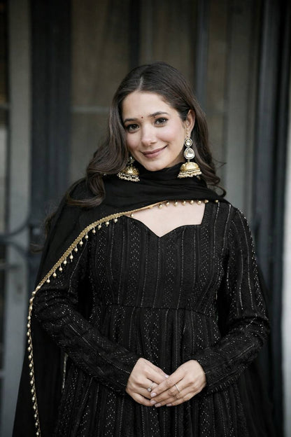 BLACK SHADES LUCKNOWI EMBROIDERED WORK ANARKALI SUIT SET