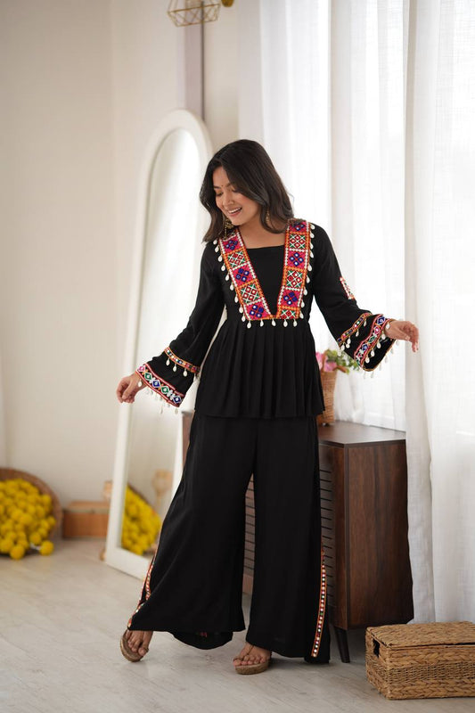 DESIGNER BLACK NAVRATRI SPECIAL KUTCHI MIRROR WORK FLARED KURTA PALAZZO SET