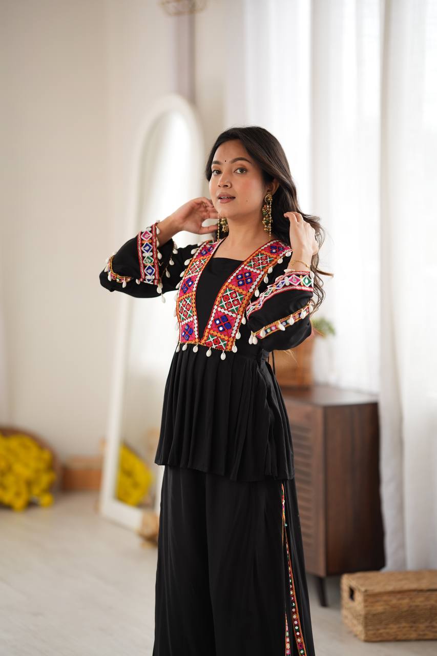 DESIGNER BLACK NAVRATRI SPECIAL KUTCHI MIRROR WORK FLARED KURTA PALAZZO SET