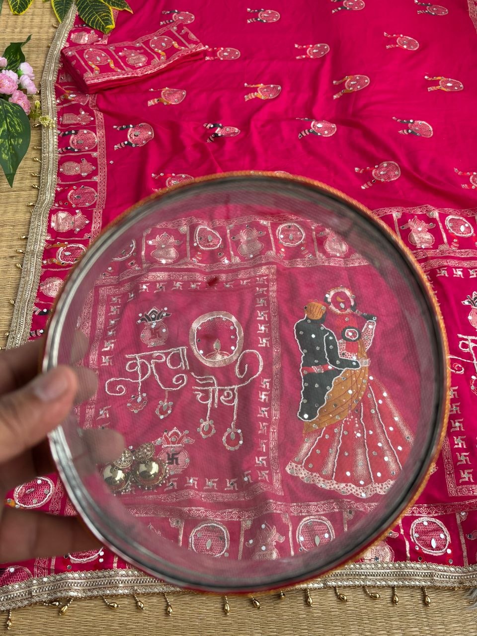 KARVA CHAUTH SPECIAL PINK COLOR HANDWORK SAREE