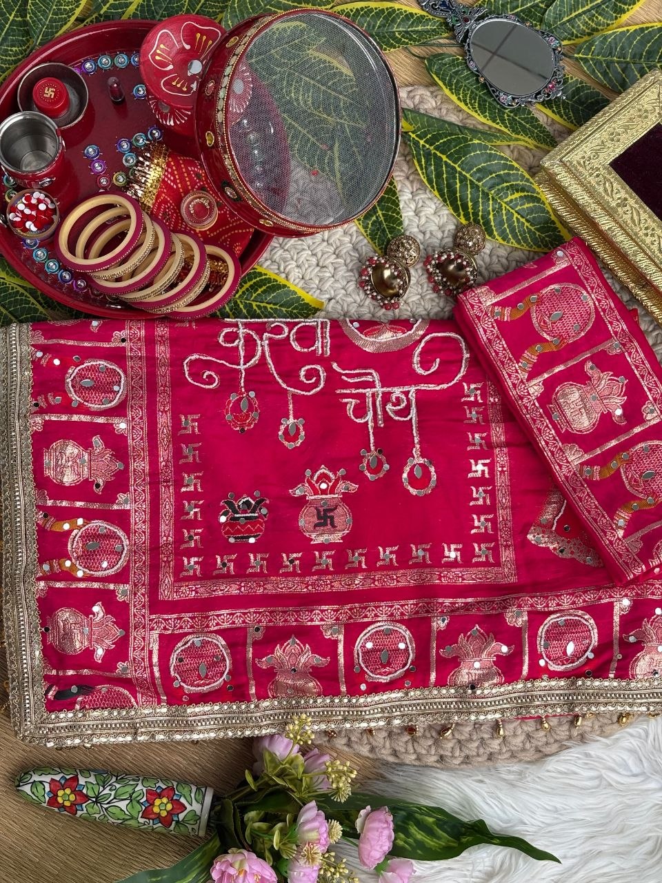 KARVA CHAUTH SPECIAL PINK COLOR HANDWORK SAREE
